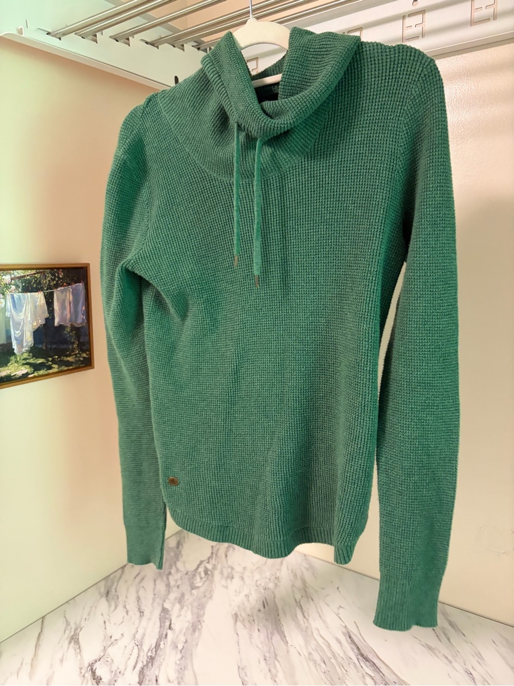 Lauren Ralph Lauren Green Waffle Knit Drawstring Cowl Neck Sweater - Size Small